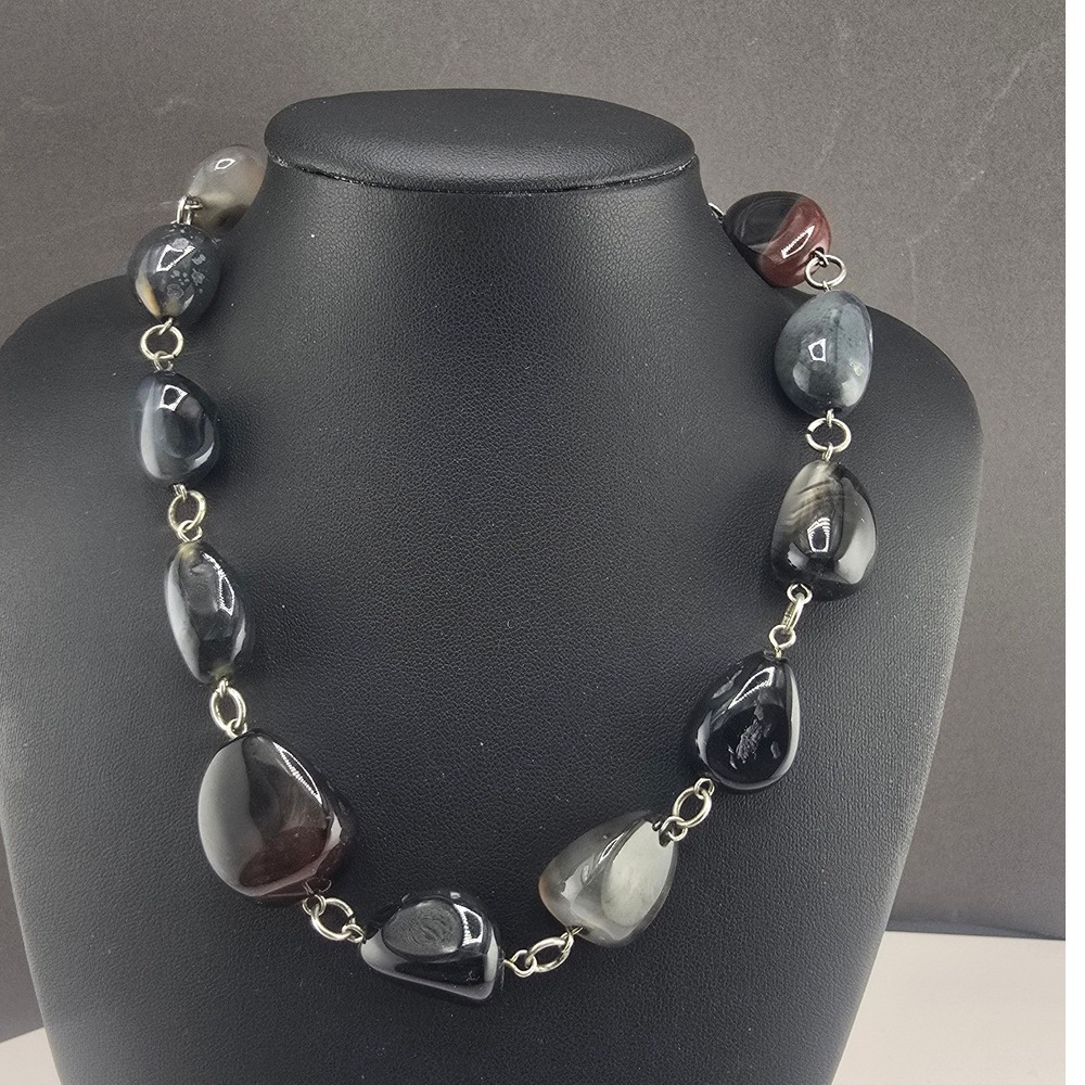 Vintage Estate Necklace Black Gray Tumbled Stone Toggle Clasp 16in